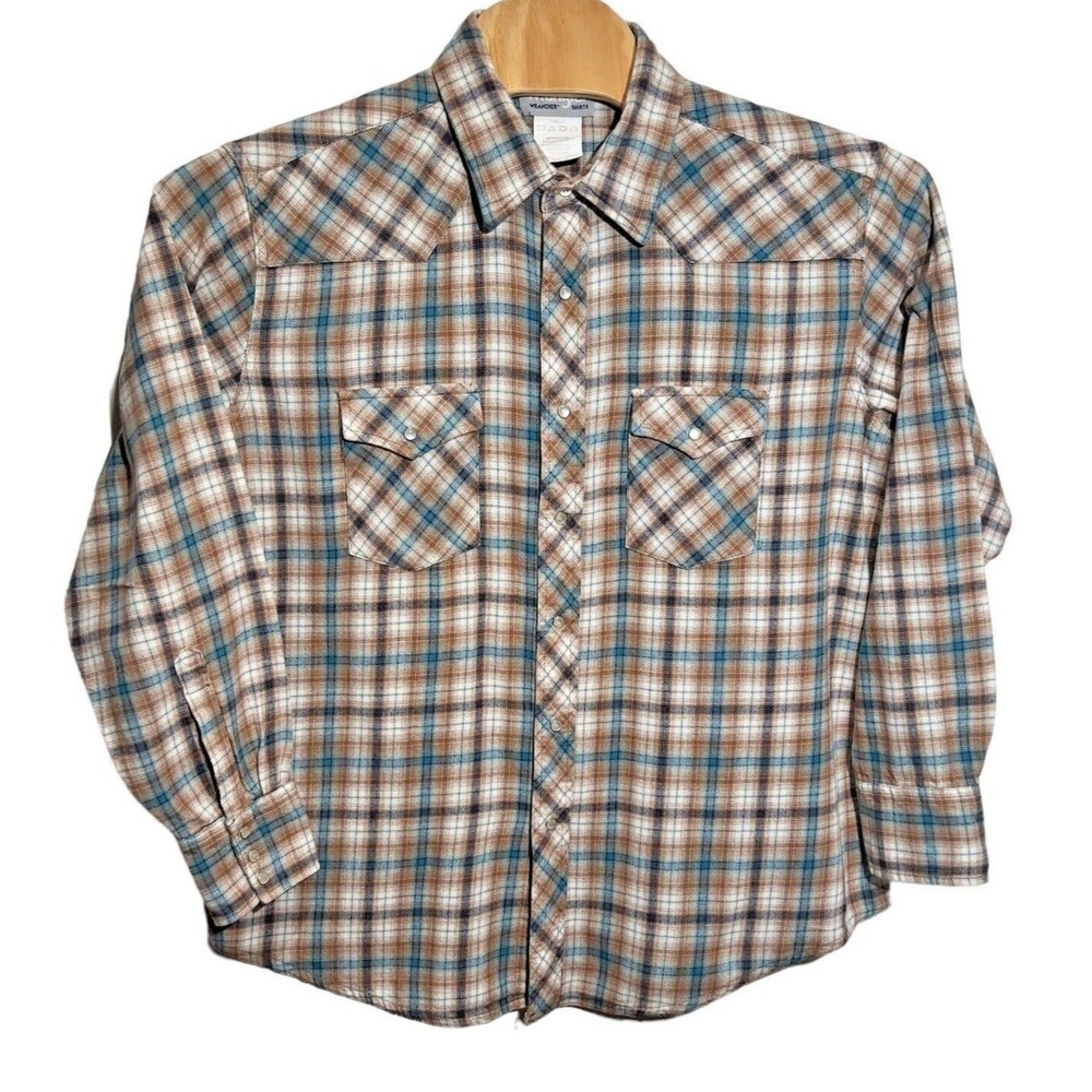 Wrangler Wrancher LS  Flannel Shirt Size XXL Pearl Snap Bwn & Blue Plaid Western